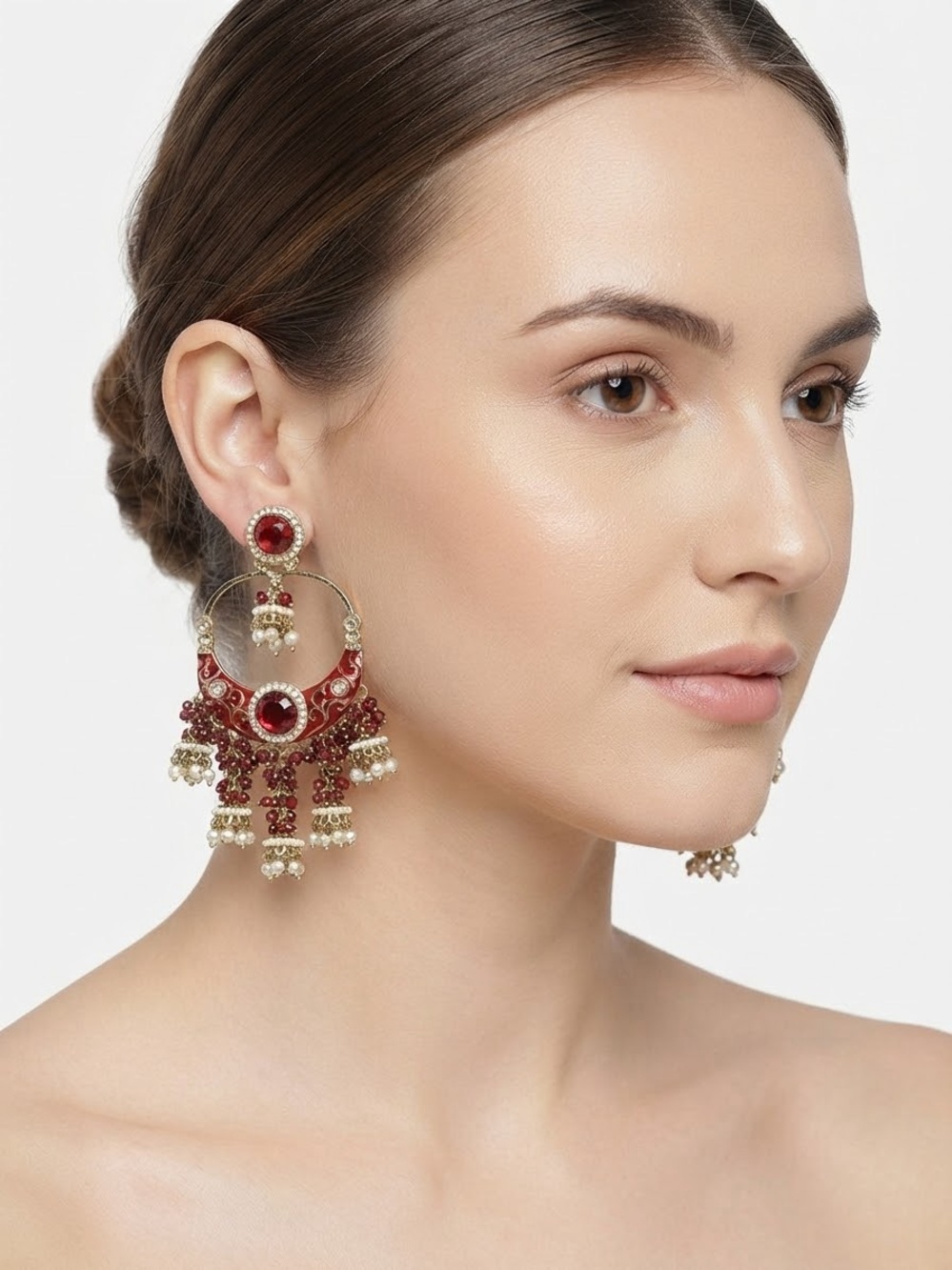 Red Bead and Pearl Chandbali Earrings - Women Jewelry